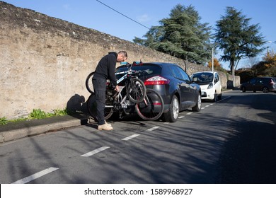 Angers, Maine Et Loire / France - November 29 2019: Mount For Bicycles On A Car. Bike Transportation