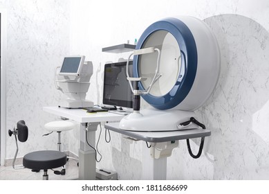 Angiography. Optical CT Scan. Ophthalmology Clinic Equipment. Diagnosis Of Vision. Tomography In Optical Coherence (OCT) Close-up.