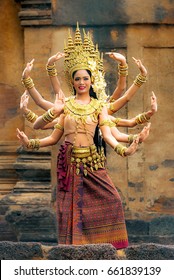 ANGKOR WAT, CAMBODIA -  MAY 20, 2016 : CLASSICAL KHMER DANCERS. Dancers entertain visitors with a classical Khmer dance at Angkor Wat, Cambodia.