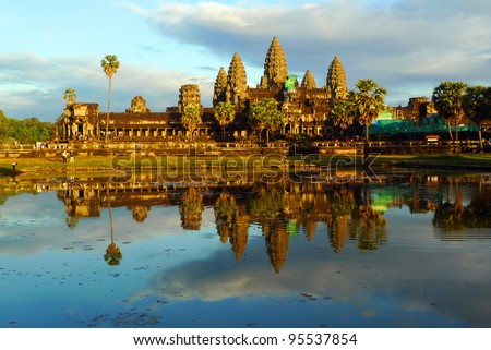 Angkor Wat and reflecting pool at sunset, Siem Reap, Cambodia