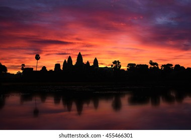 Angkor Wat At Sunrise In Cambodia.