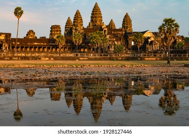 Angkor Wat, At Sunset, Reflected In The Water Siem Reap Cambodia On 11-01-2018