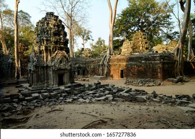 Angkor Wat temple complex, Cambodia. Beautiful view of the ruins of the ancient TA Prohm temple, the place where the film Lara Croft tomb raider was shot. Royal temple of Rajavihara