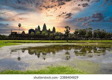 Angkor Wat Temple Complex during Sunset - UNESCO World Heritage 12th century masterpiece of Khmer Architecture built by Suryavarman II at Siem Reap, Cambodia, Asia