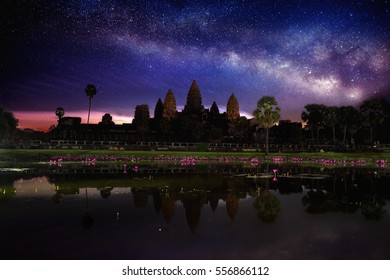 Angkor Wat Temple With Milky Way And Star At Night, Siem Reap In Cambodia.