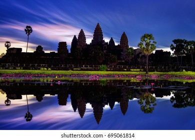 Angkor Wat Temple At Night, In Cambodia.