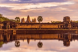 Angkor Wat Temple At Sunset Near Siem Reap, Cambodia
