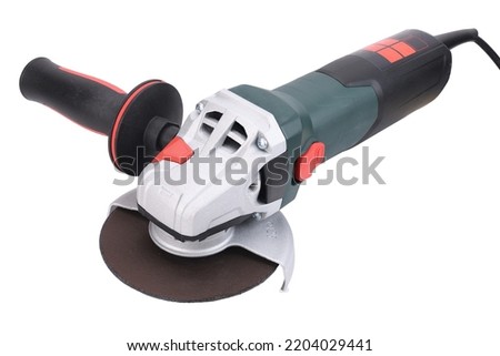Angle grinder with a disc for cutting stainless steel metal on a white background.