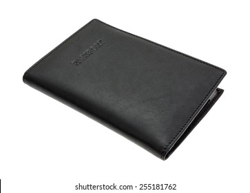 An Angle Side View Of A Black Leather Passport Holder.