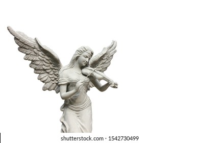 angle statue playing violin isolate on white background.
