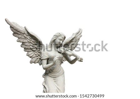 angle statue playing violin isolate on white background.