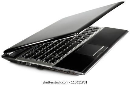 Angle View Of A Black Modern Laptop On A White Background With A Partially Closed Screen