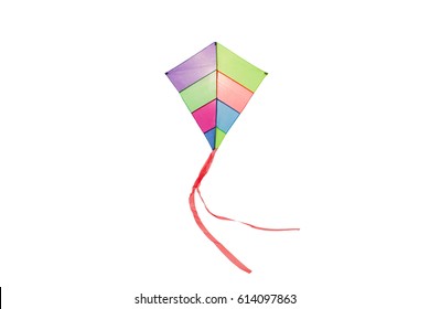 angle view of a colorful kite flying with waving red bow in a white background
