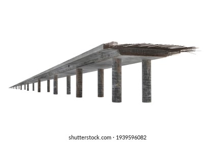 Angle view an endless unfinished reinforced ferro concrete bridge and iron wire rods sticking out   many pillars in perspective isolated white
