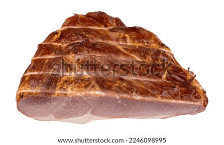 Angle view of a perfectly cooked ham on a white background.