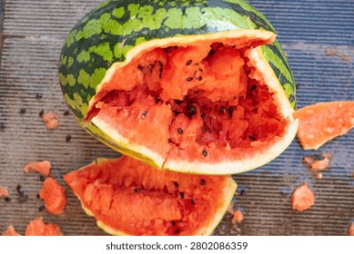 angle view smashed watermelon on the ground at horizontal composition
