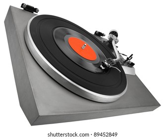 Angle view of vintage record player isolated on white with clipping path