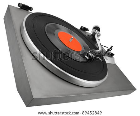Angle view of vintage record player isolated on white with clipping path