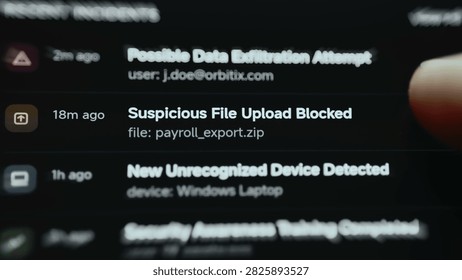 Angled close-up of a mobile cybersecurity screen where security dashboard tracks three recent corporate incidents.