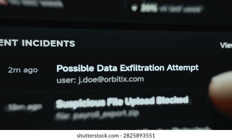 Angled close-up of a mobile cybersecurity screen where recent security incidents reveal possible data exfiltration.