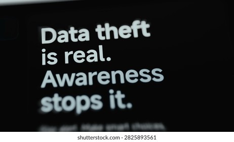 Angled close-up of a mobile cybersecurity screen where data theft awareness message promotes safer decisions.