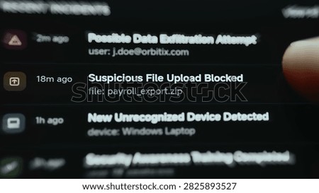 Angled close-up of a mobile cybersecurity screen where security dashboard tracks three recent corporate incidents.