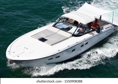 Angled Overhead Closeup View Of A High-end White Motorboat.