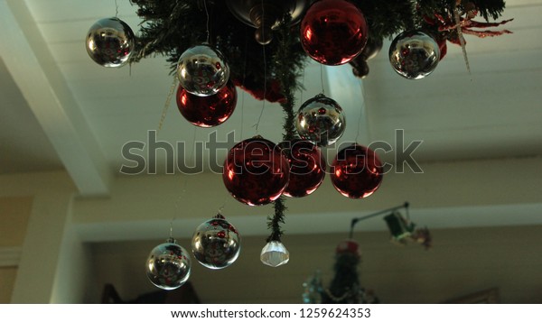Angled Perspective Shot Christmas Ornaments Hanging Stock