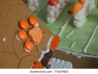 Angled Tiger Paw On Gingerbread House With Marshmallow Football Players