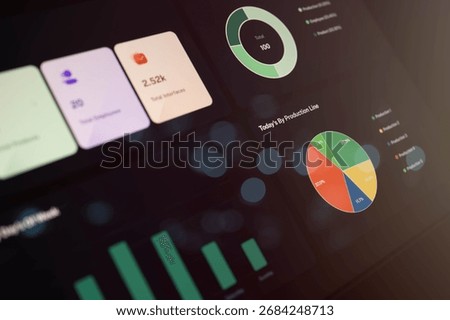 Angled view of digital dashboard interface featuring donut and pie charts for interface and production data analysis. Ideal for business intelligence, performance metrics, and UI templates.