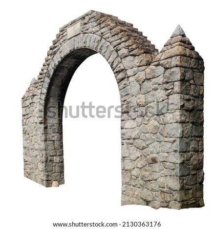 Angled view of neighborhood stone welcome arch isolated on white.