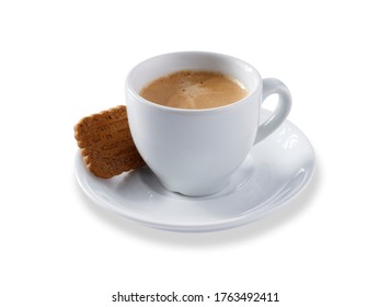 Angled view of a white expresso cup and saucer full of smooth expresso coffee, with a biscuit, isolated on white with a slight drop shadow - Powered by Shutterstock