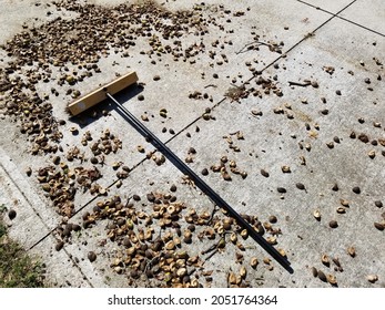 Angled View Of Yard Waste And Push Broom On Driveway