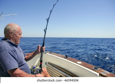 Angler Elderly Big Game Sport Fishing Boat Blue Summer Sea Sky