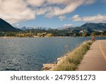 angler on Lake Estes near the town of Estes Park, Colorado with the Rocky Mountains in the background

