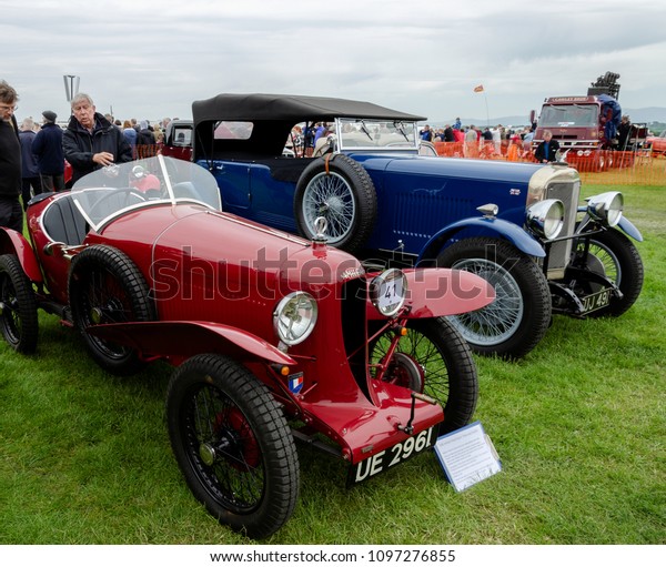 Anglesey, UK: Feb 20, 2018: A couple of\
classic cars on show at the Anglesey Vintage\
Rally
