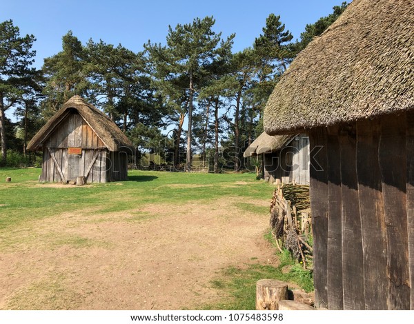 Anglo Saxon huts\
at west stow in the\
sunshine