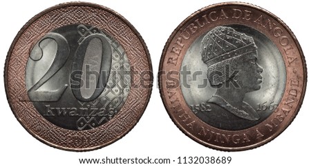 Angola Angolan bimetallic coin 20 twenty kwanzas 2014, denomination in front of ornament, head of Rainha Njinga A Mbande divides dates, 