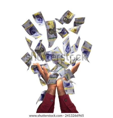 Angolan Kwanza notes falling in black male hands isolated on white background. 3d rendered banknotes
