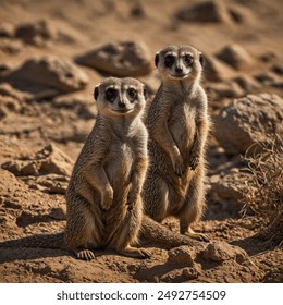 Angolan meerkats, also known simply as meerkats, are small, burrowing mammals native to southern Africa, including Angola. They are part of the mongoose family and are characterized by their slender  - Powered by Shutterstock