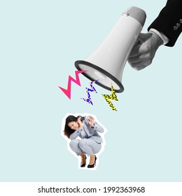 Angry abstract boss screaming in megaphone to the manager. Copyspace to insert your text. Modern design. Contemporary art. Creative conceptual and colorful collage. Office worker lifestyle concept. - Shutterstock ID 1992363968