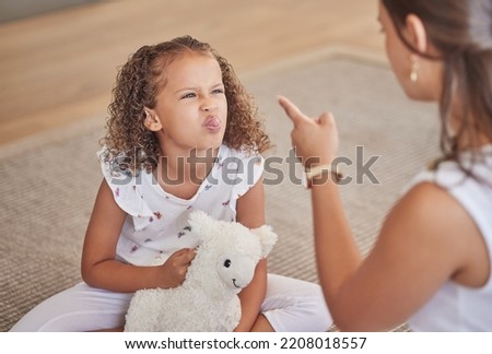 Angry, adhd and child being rude to her mother showing anger, bad behaviour and attitude problems at home. Mean, moody and girl with tongue out making parenting difficult for an annoyed and upset mom