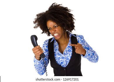 Angry African American Woman With Handset - Isolated On White Background