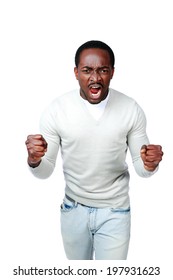 Angry African Man Screaming On White Background