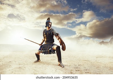 Angry Ancient Greek Warrior Fighting In The Combat