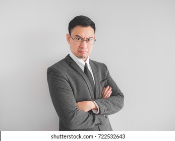 Angry Asian Boss Manager Businessman In Black Suite.