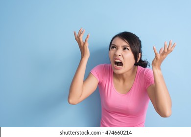 Angry Asian Woman, Closeup Portrait With Copyspace