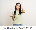 Angry asian woman emotional. Asian woman annoyed mad bad furious gesture. Unhappy expressions people upset confused emotional. Stressed female. Young lady standing feeling depressed dramatic scene