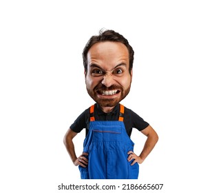 Angry Auto Mechanic. Funny Man With A Caricature Face Isolated Over White Background. Cartoon Style Character With Big Head. Concept Of Business, Jobs, Humor, Funny Meme Emotions.