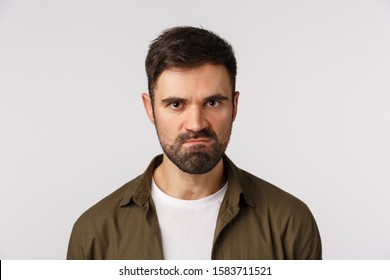 Angry  Bearded Guy Losing Temper, Want Kill Someone, Staring Aggressive, Trying Keep Mouth Shut And Not Hit Person As Feeling Rage And Aggression, Suck Lips, Frowning Staring With Scorn